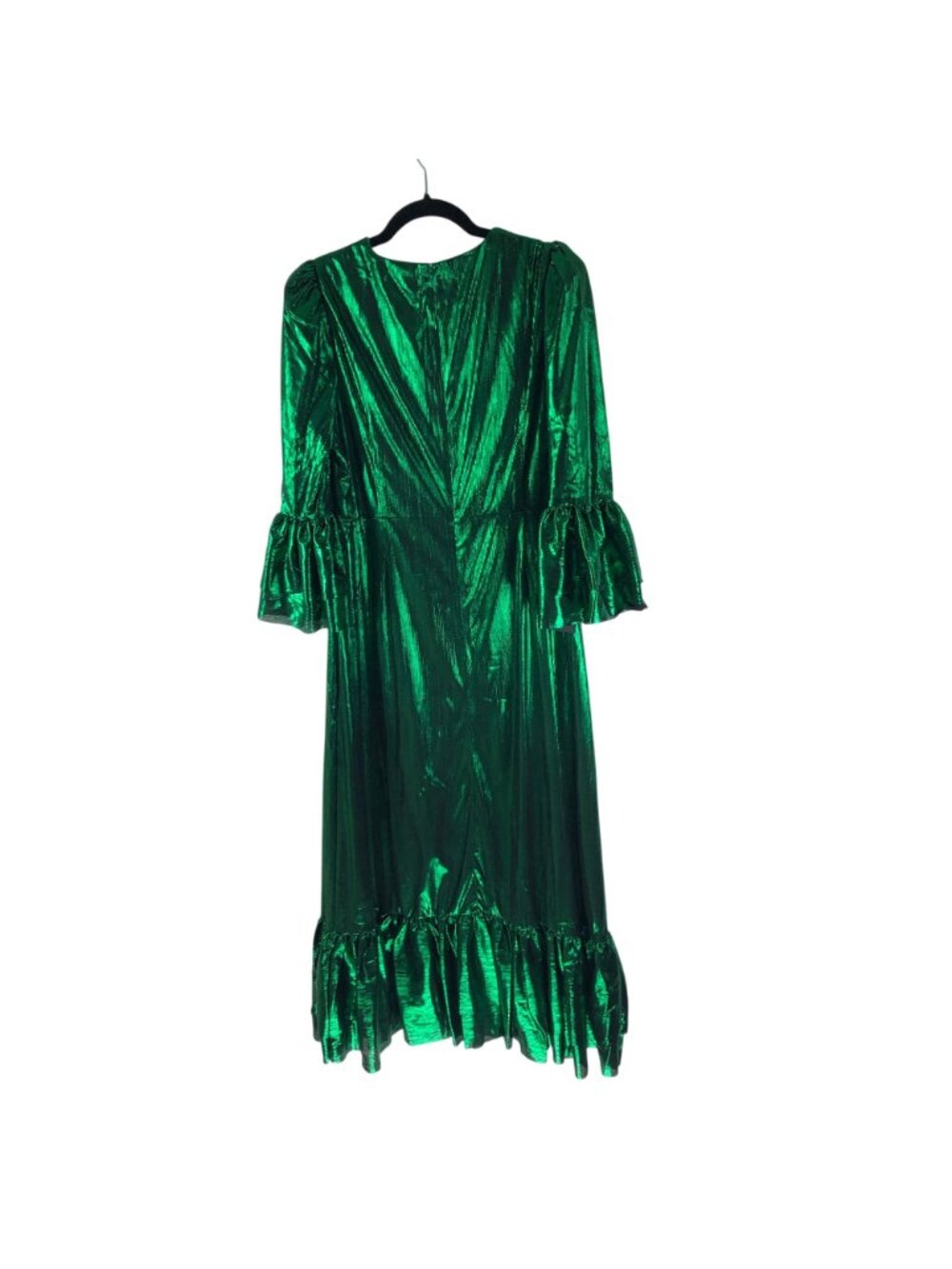 Pomander Place Emerald Crinkle Lurex Lillith Dress Metallic Green Bell Sleeve L - Picture 3 of 5